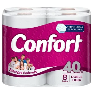 PAPEL HIGIÉNICO CONFORT 40MTS, 8 UNID X PACK, DOBLE HOJA