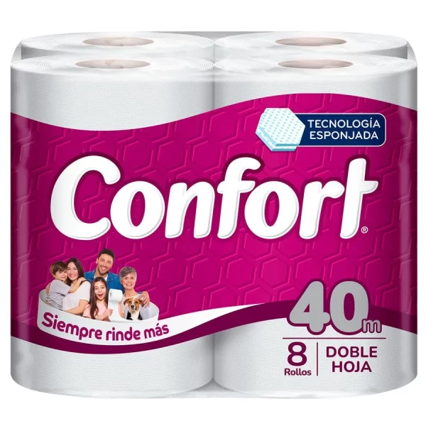 PAPEL HIGIÉNICO CONFORT 40MTS, 8 UNID X PACK, DOBLE HOJA